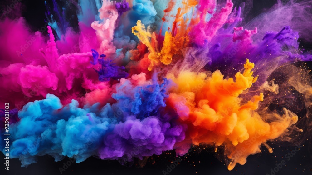 Colorful powder explosion on black background. Abstract pastel color dust particles splash