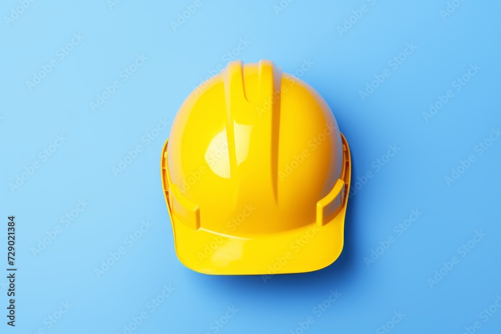Fototapeta premium Yellow construction helmet on a blue background. The concept of Labor Day. Builder's Day. Copy space.