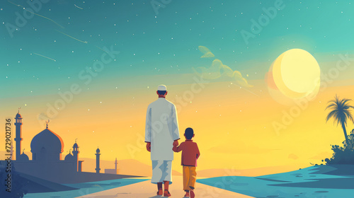 Generative ai illustration showing Ramadan and Eid al-Fitr backgrounds. The scene shows many men dressed in Muslim clothes walking on the road to the mosque. At the end of the road there is a mosque 