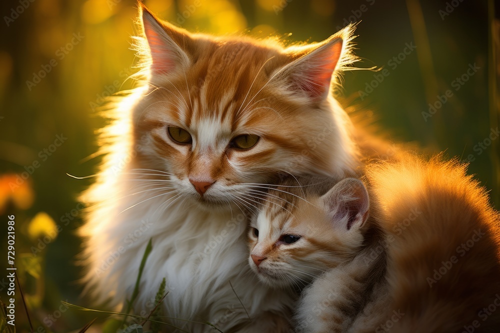 mother cat with her young ones , cuddled together. motherhood in animals, family, brood.