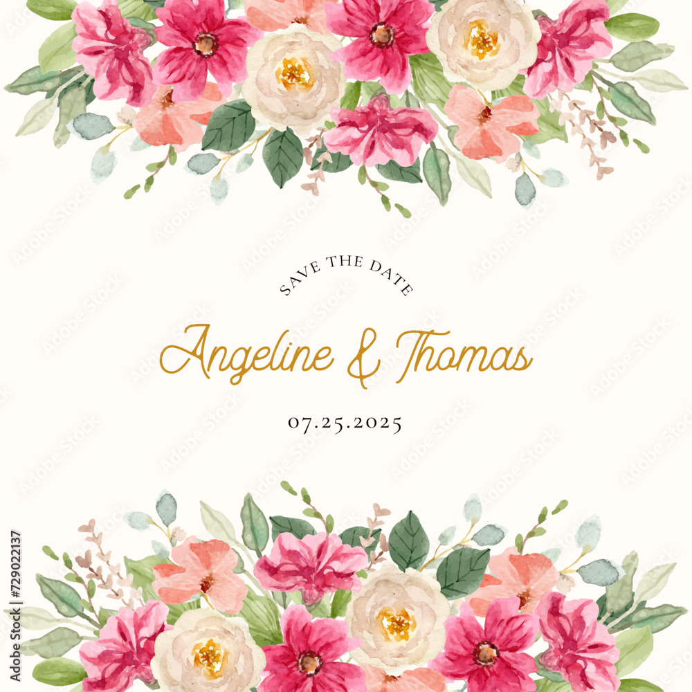 save the date with pink white floral watercolor frame