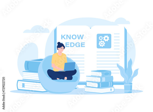 A woman reading with a stack of books concept flat illustration