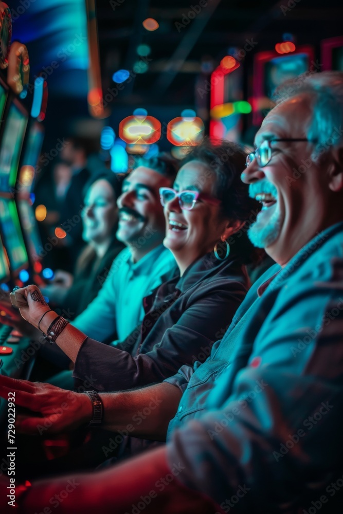 group of people sitting in front of slot machines at a casino