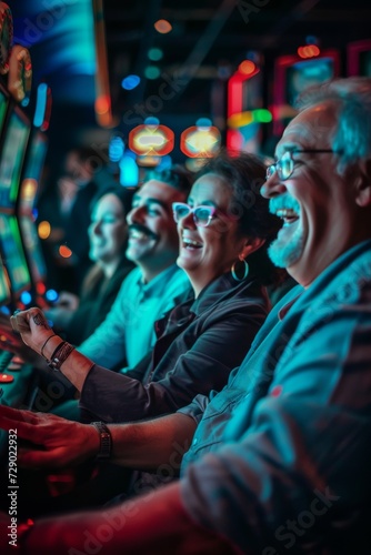 group of people sitting in front of slot machines at a casino