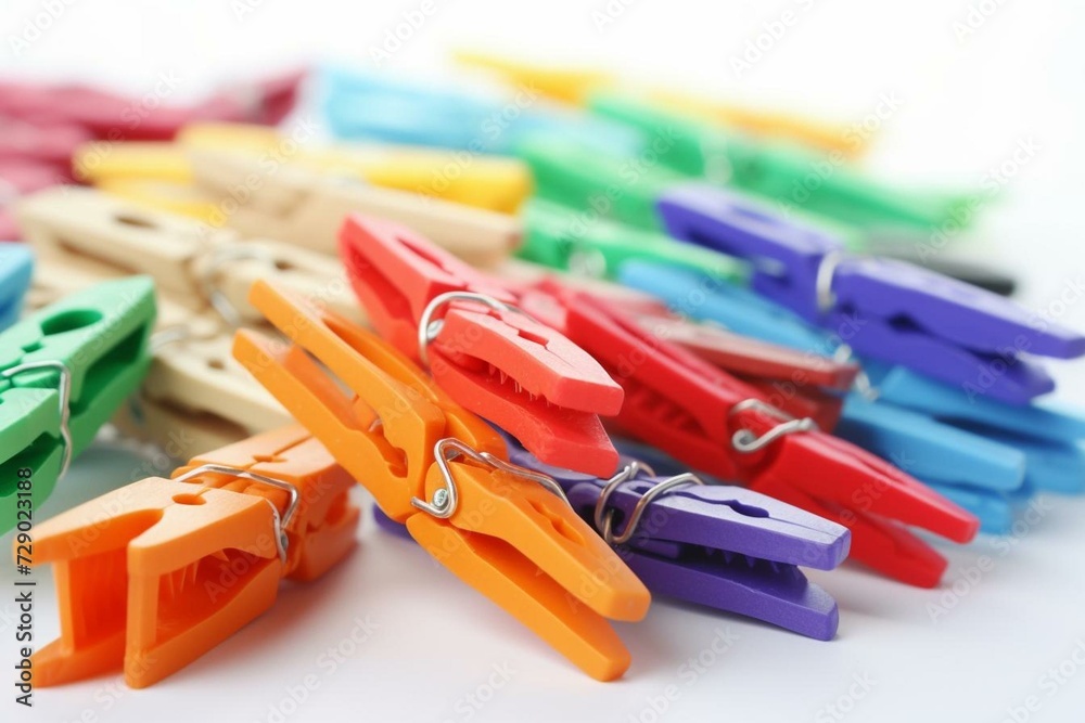 Assorted plastic clothespins on white background. Generative AI Assorted plastic clothespins on white background. Generative AI