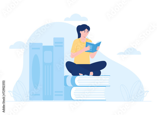 A woman reading with a stack of books concept flat illustration