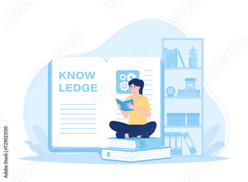 A woman reading with a stack of books concept flat illustration