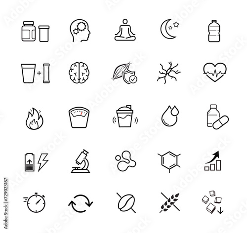 Vitality icon set for human-improving products, sport nutrition. The outline icons are well scalable and editable. Contrasting elements are good for different backgrounds. EPS10.