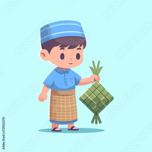 cute muslim boy holding ketupat for eid day cartoon vector illustration