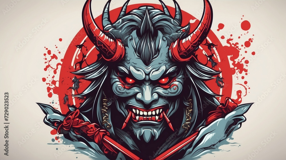 oni face devil artwork with samurai style japanese devil vector