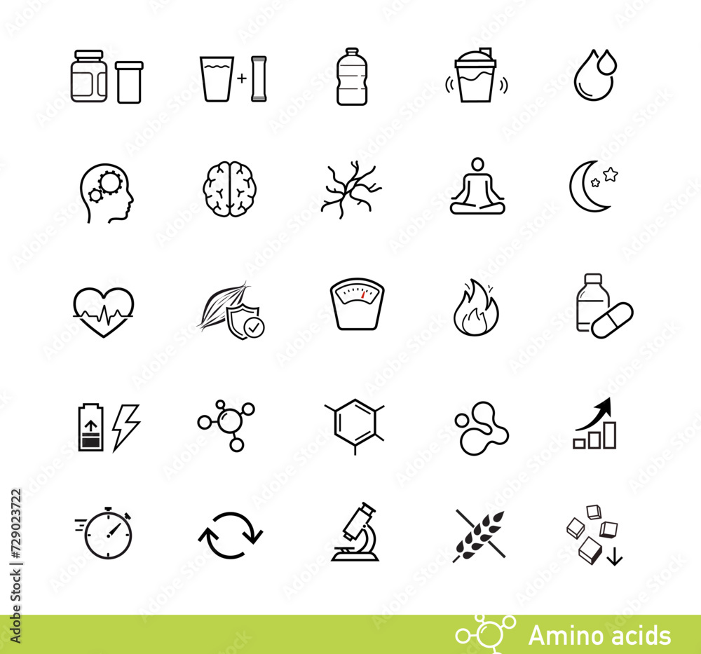 Fototapeta premium Vitality icon set for human-improving products, sport nutrition. The outline icons are well scalable and editable. Contrasting elements are good for different backgrounds. EPS10.