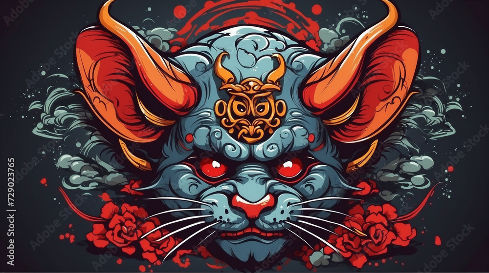 Fototapeta premium oni mask vector with animal mode japanese style artwork