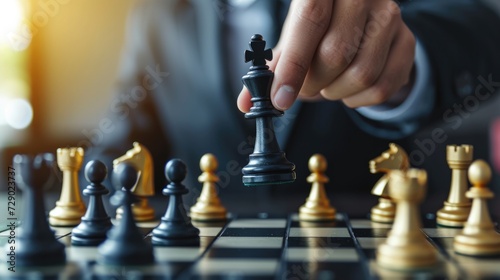 Businessman hands holding chess strategy on challenge with teamwork leadership idea planning or intelligence victory competition.