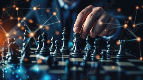 Businessman hands holding chess strategy on challenge with teamwork leadership idea planning or intelligence victory competition.