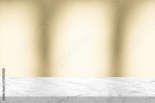 White Marble Table with Light Beam and Shadow on Beige Stucco Wall Texture Background