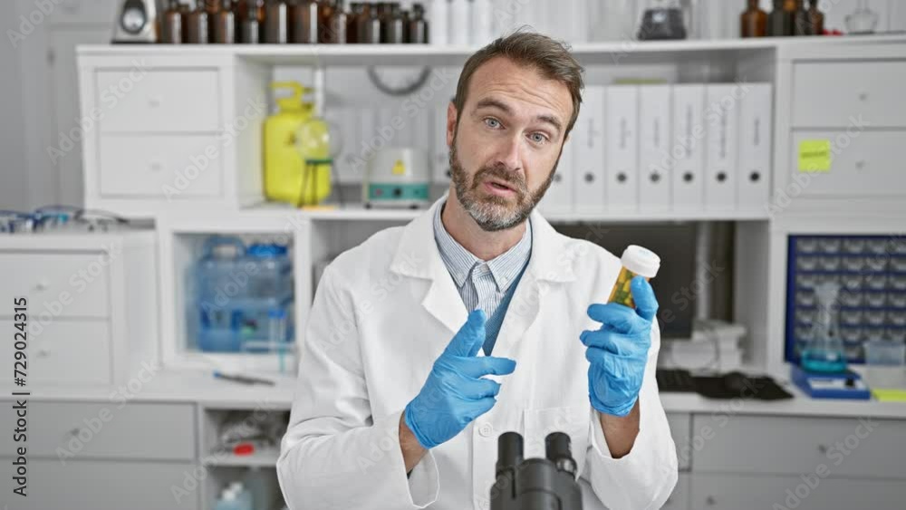 A focused man in a lab coat examines a bottle in a scientific laboratory, surrounded by equipment and bottles. A focused man in a lab coat examines a bottle in a scientific laboratory, surrounded by equipment and bottles.