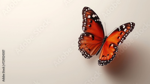 Monarch butterfly with bright orange wings on a light background.