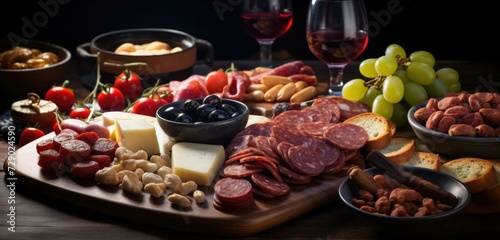 A platter of meat, cheese, nuts and wine. Generative AI.