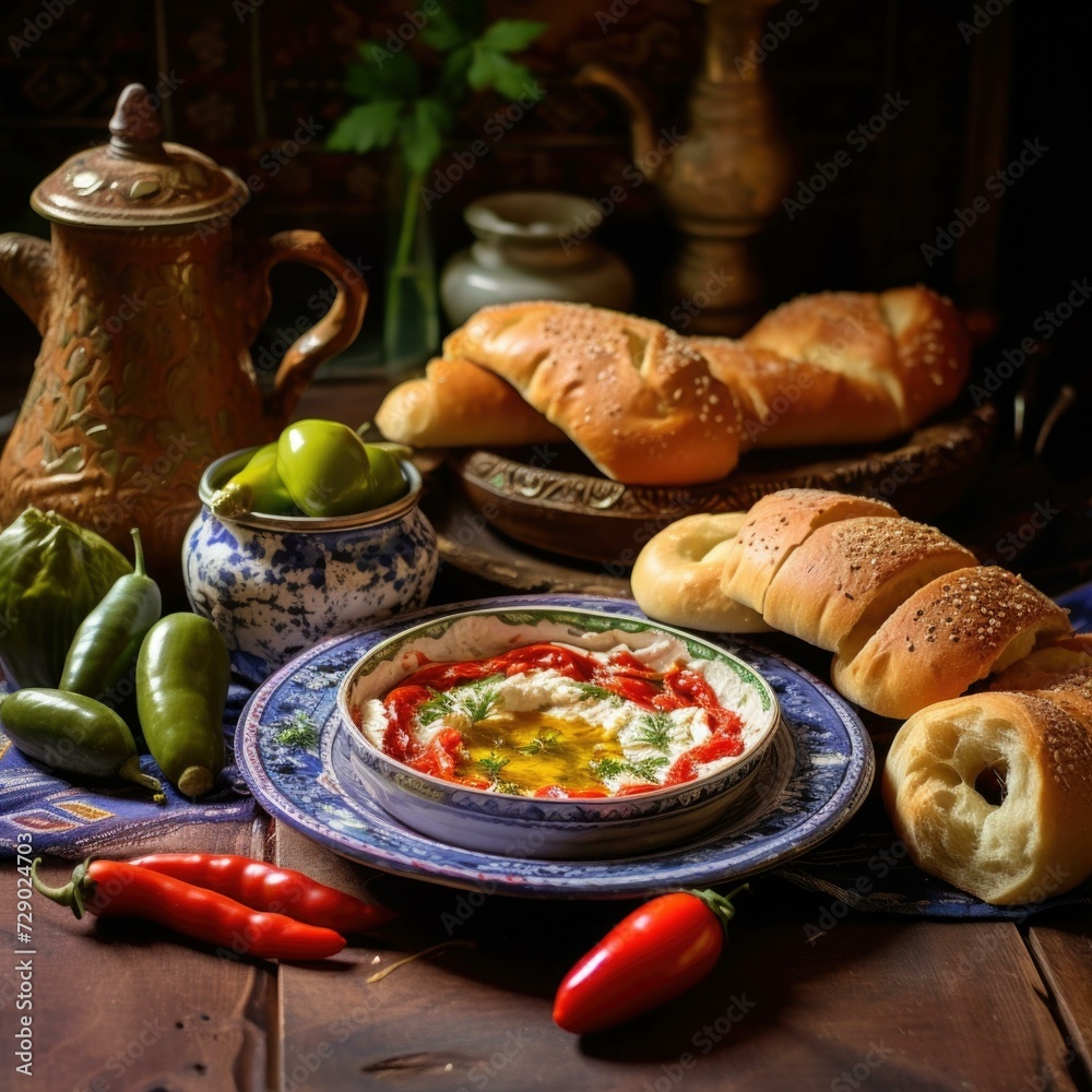 A plate of bread, tomatoes, peppers and a cup of hummus. Generative AI. A plate of bread, tomatoes, peppers and a cup of hummus. Generative AI.