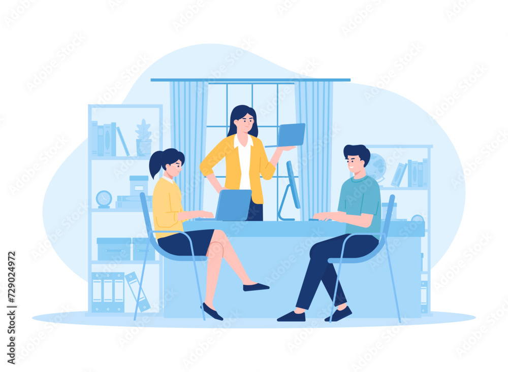 Workers consult each other on work concept flat illustration