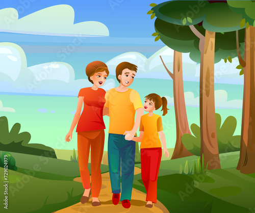 Family on walk. Parents and daughter child. Funny cartoon style. Picture vector