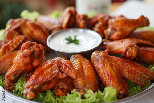 party platter of chicken wings on a tray with dressing in the middle