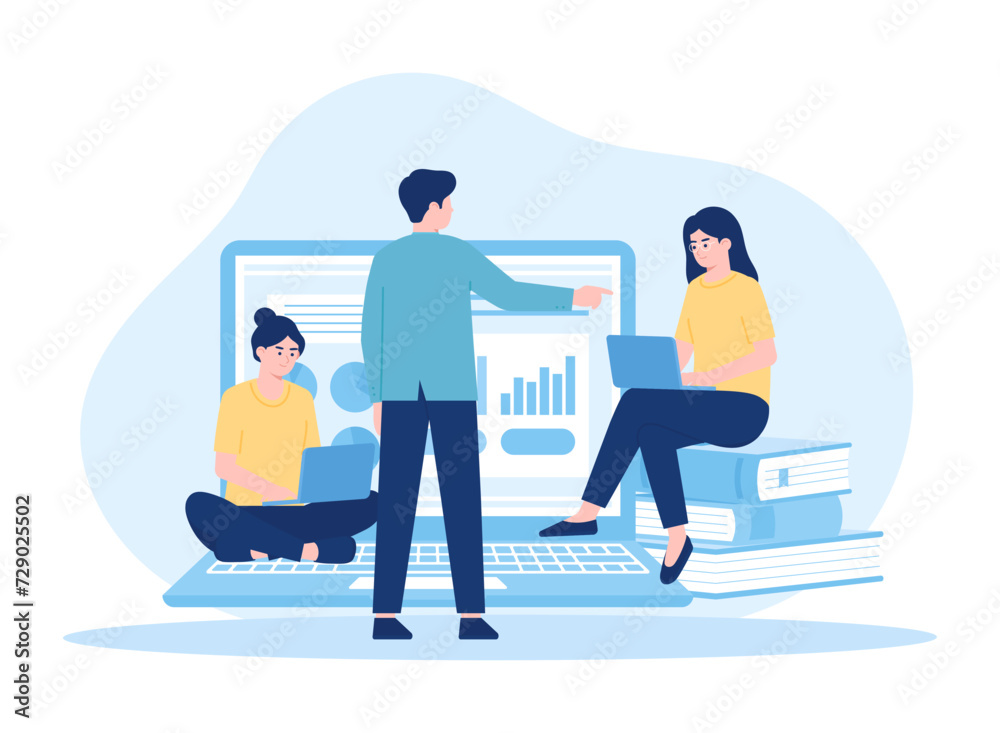 Company employees talking about boss tasks sitting with laptop concept flat illustration Company employees talking about boss tasks sitting with laptop concept flat illustration
