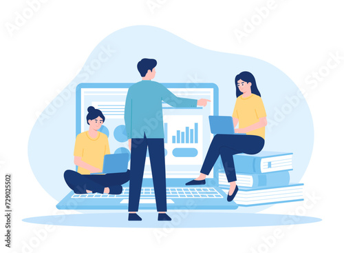 Company employees talking about boss tasks sitting with laptop concept flat illustration