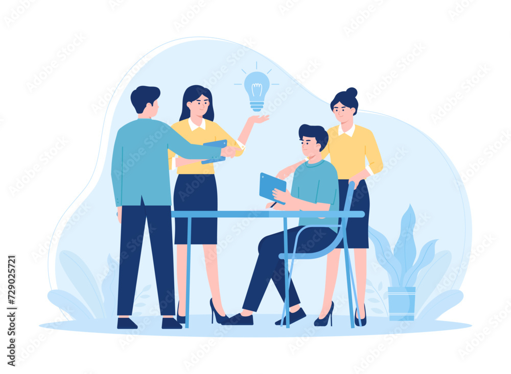 Employees exchange ideas with laptops concept flat illustration