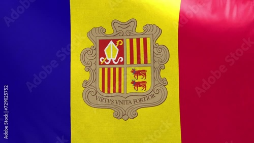 Andorra flag. Andorran flag waving in the wind. Full screen, flat, cloth material texture. National Flag. Loopable. Looping. CGI graphic animation HD photo