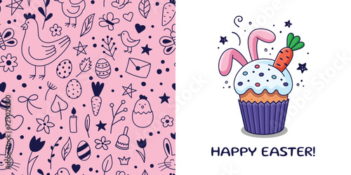 Easter postcard with Easter cake, rabbits ears, carrot in cartoon style. Set of Hand drawn Easter illustrations. Cartoon Bohemian nursery print. Kids design texture. Vector illustration. Doodle style.