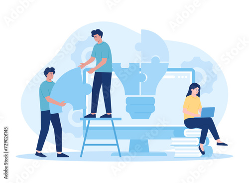People work together to put together a puzzle in the shape of a lamp concept flat illustration