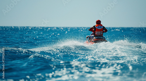 Lifeguard on a jet ski patrolling the waters or water fun activities  photo