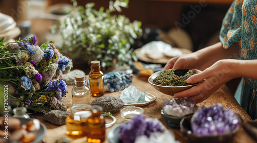 Holistic health practitioner surrounded by herbal remedies and healing crystals. Alternative medicine and personalized care