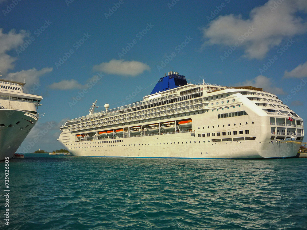 Modern family cruiseship or cruise ship liner Sky at sea in summer during Caribbean cruising dream vacation tropical islands