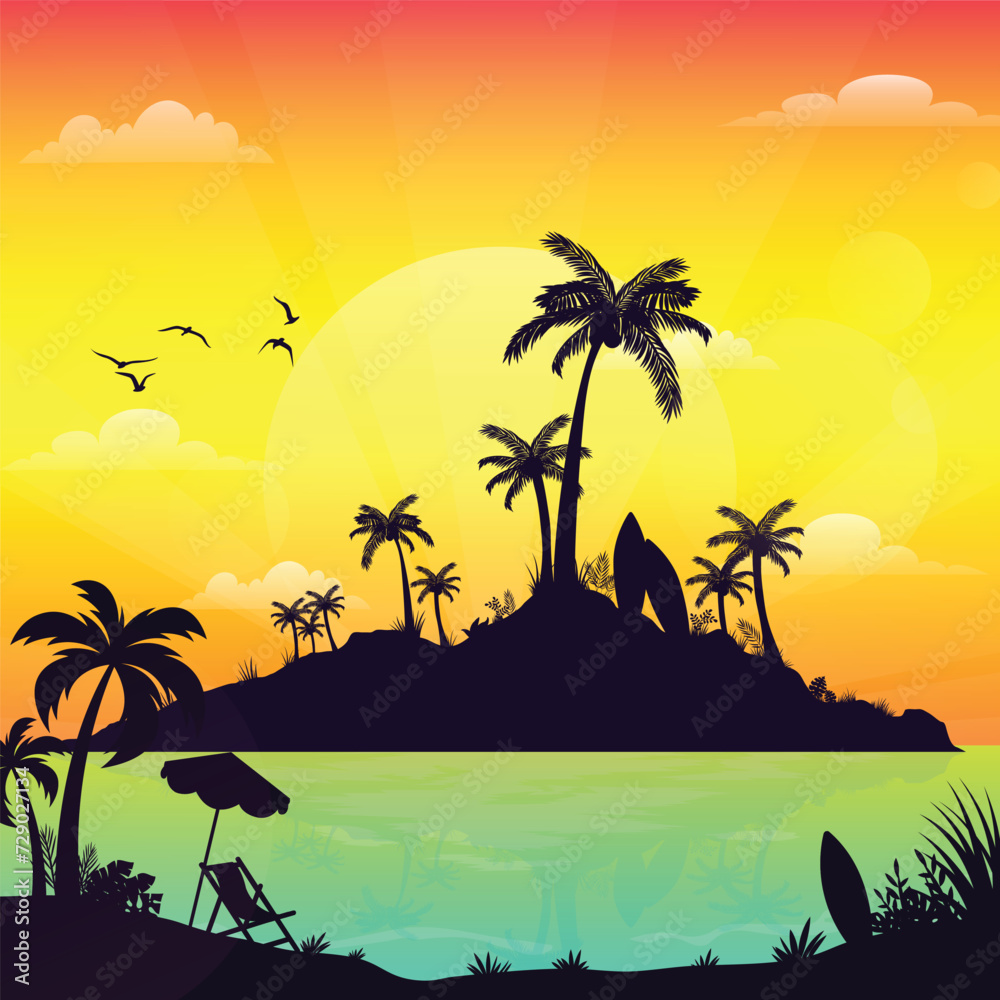 tropical island with palm trees and a sun setting silhouettes background
