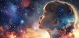 Little girl looking at the starry sky. The concept of dreaming and infinity.