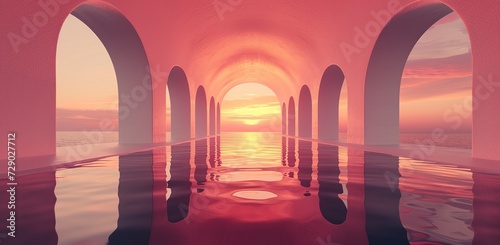Arched corridor with reflection in water against the backdrop of sunset. The concept of tranquility and architectural beauty.