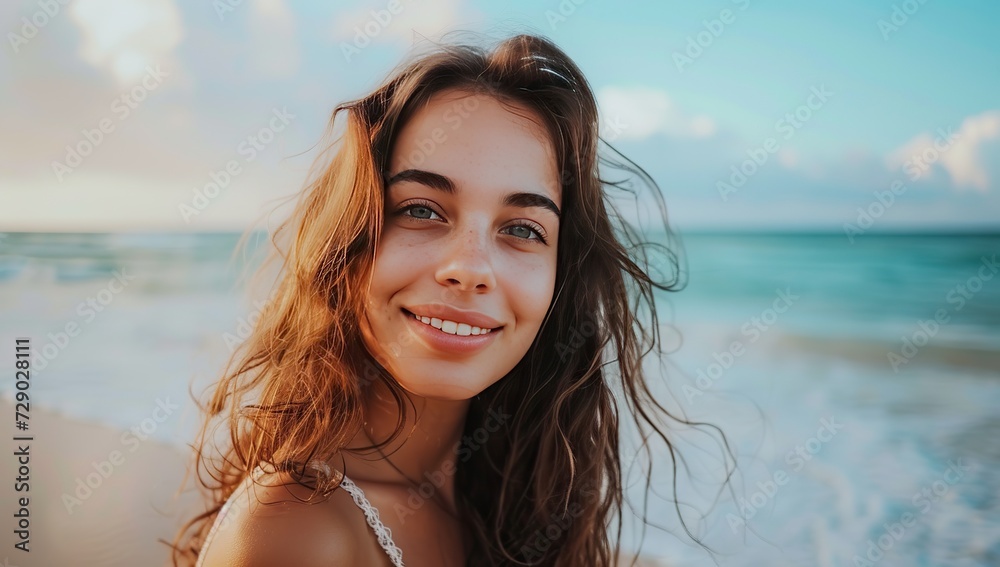 A young woman with long hair against a sea backdrop. Natural beauty and summer vibe concept. A young woman with long hair against a sea backdrop. Natural beauty and summer vibe concept.