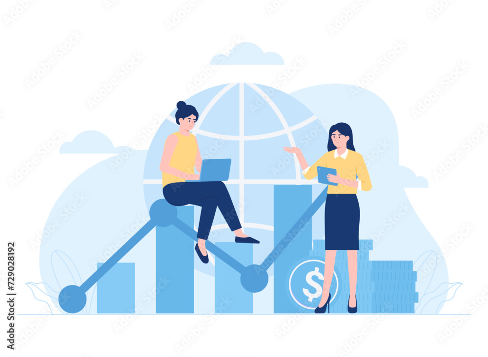 Worker analyzes sales growth graph concept flat illustration
