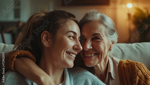 Two generations of women smiling and embracing at home. Family values and generations concept. photo