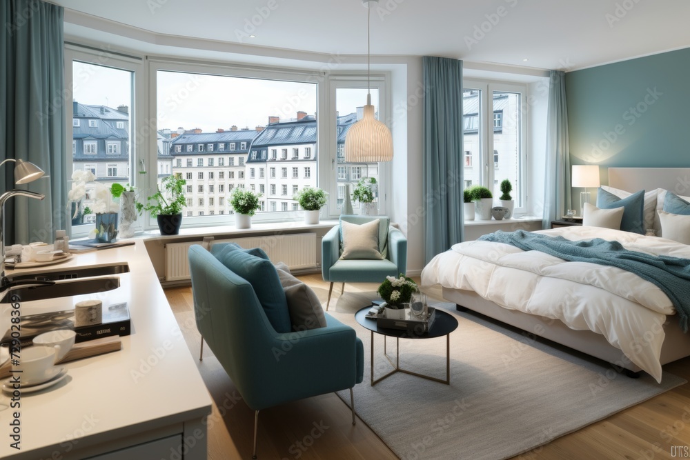 Scandinavian style small studio apartment with stylish design in light pastel colors Scandinavian style small studio apartment with stylish design in light pastel colors