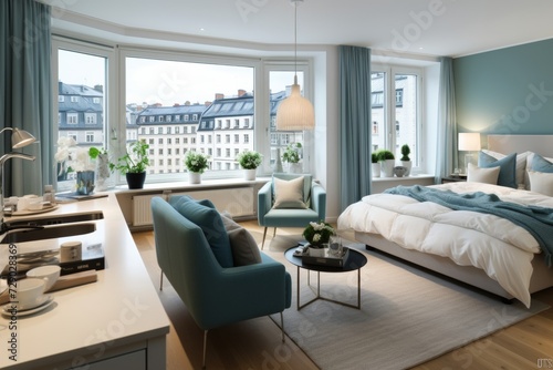 Scandinavian style small studio apartment with stylish design in light pastel colors © sorin