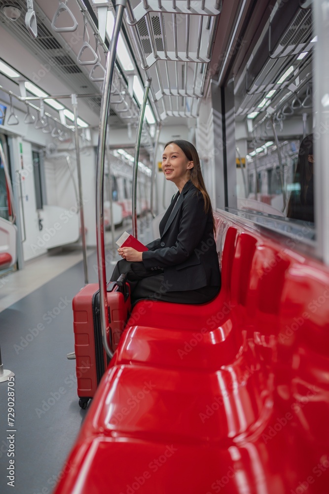 © StockPhotoRepublic - Asian businesswoman with luggage in a skytrain to the airport