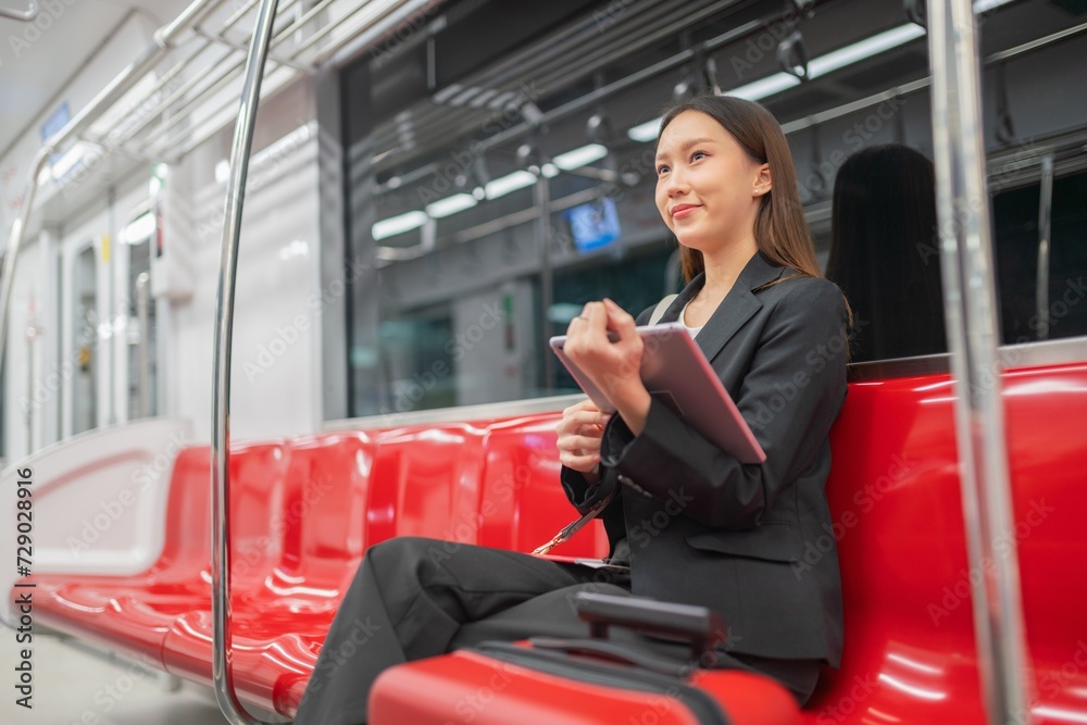 Young asian businesswoman traveling to airport on skytrain checking information using her digital tablet Young asian businesswoman traveling to airport on skytrain checking information using her digital tablet