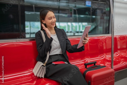 Young asian businesswoman traveling to airport on skytrain checking information using her digital tablet