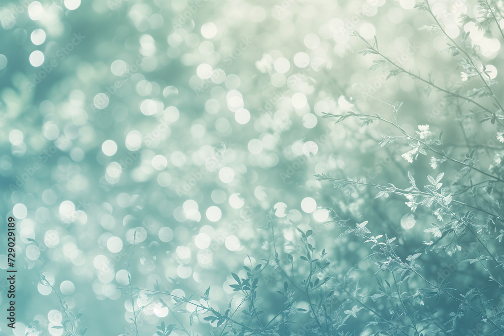Soft-focus image of delicate foliage with a bokeh light effect in a cool, tranquil turquoise tone, suggestive of a peaceful spring or summer day Soft-focus image of delicate foliage with a bokeh light effect in a cool, tranquil turquoise tone, suggestive of a peaceful spring or summer day