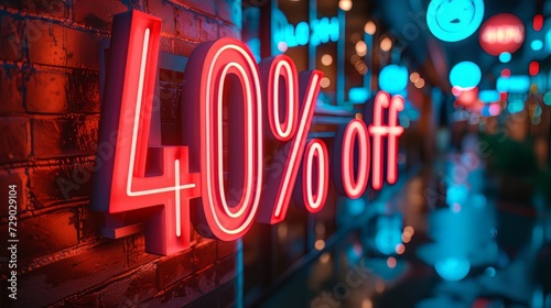 40 percent off. Neon discount light signs on photo