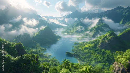 A panoramic view of misty mountains and lush green valleys under a soft morning light © Tn