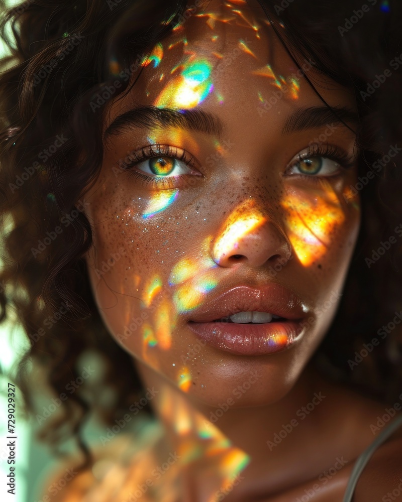 Close-up of a woman's face illuminated by prism light creating a kaleidoscope effect on her skin Close-up of a woman's face illuminated by prism light creating a kaleidoscope effect on her skin